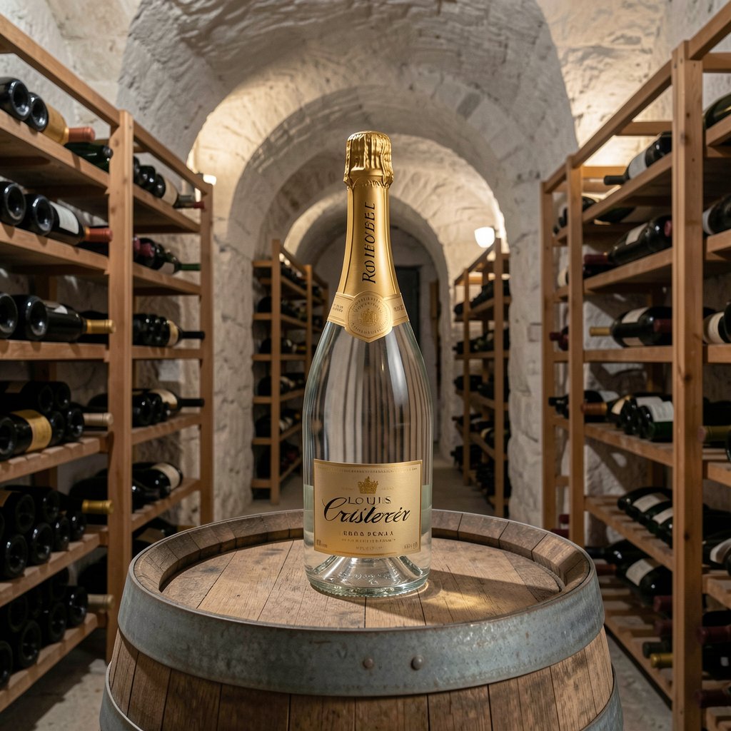 Cristal Roederer : les cuvées de prestige et leur valeur 1 Bouteille de Cristal Roederer dans une cave à champagne, fond de cave en craie, fûts de chêne