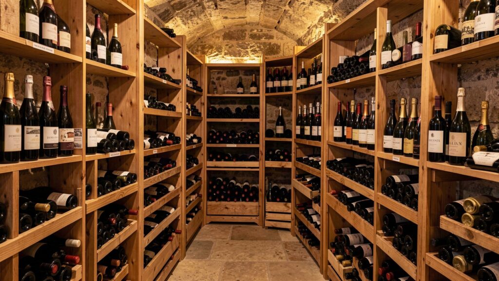 Cave à vin organisée avec des bouteilles de différentes formes