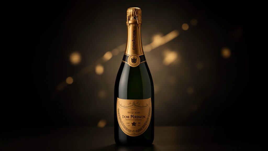 Bouteille de champagne Dom Pérignon, cuvée de prestige, présentation élégante