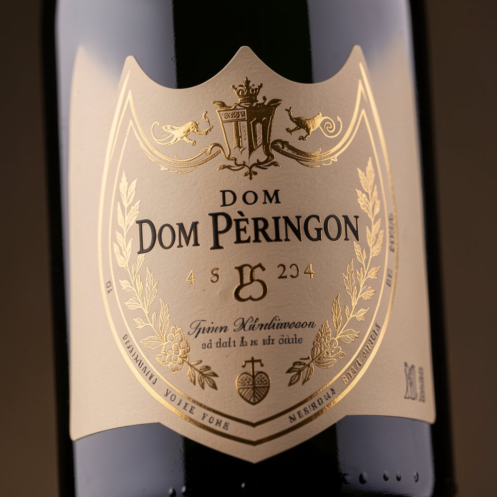 Dom Pérignon : les cuvées de prestige et leur valeur 1 Gros plan sur l'étiquette iconique de Dom Pérignon, bouclier et détails dorés