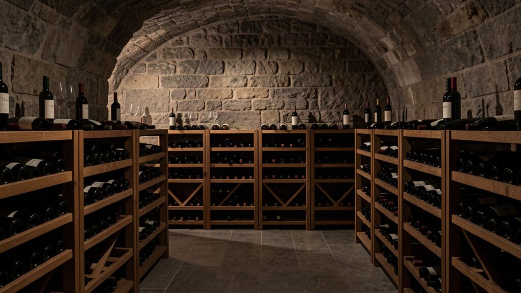 Bouteilles de vin couchées dans une cave sombre