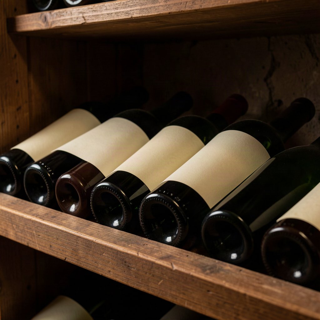 Bouteilles de vin couchées dans un casier en bois à l’abri de la lumière