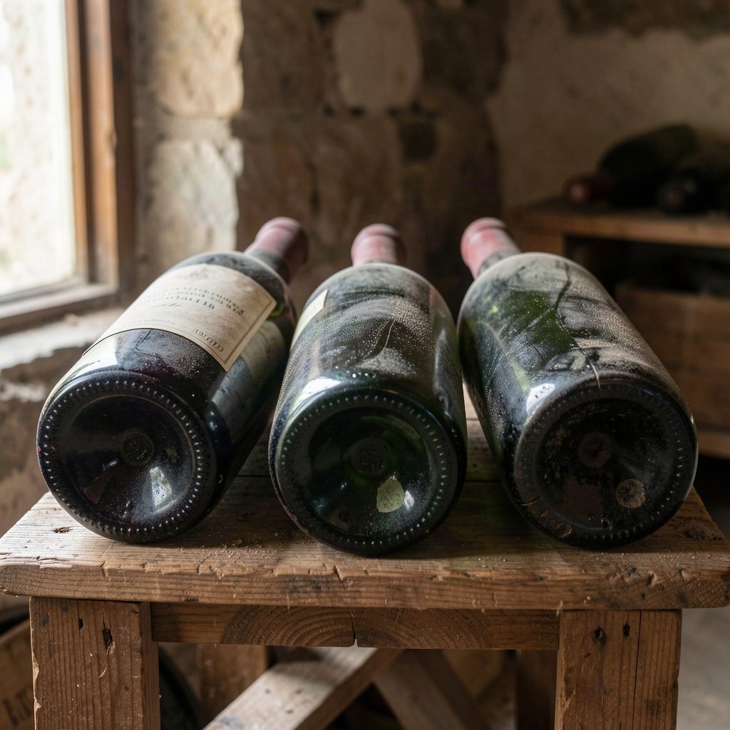 Comment lire l'évolution d'une cote sur plusieurs années 1 Trois bouteilles anciennes couchées sur un support en bois dans une cave