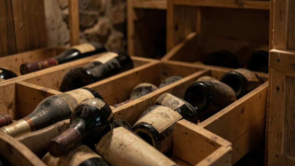 Bouteilles de vin conservées dans des casiers en bois