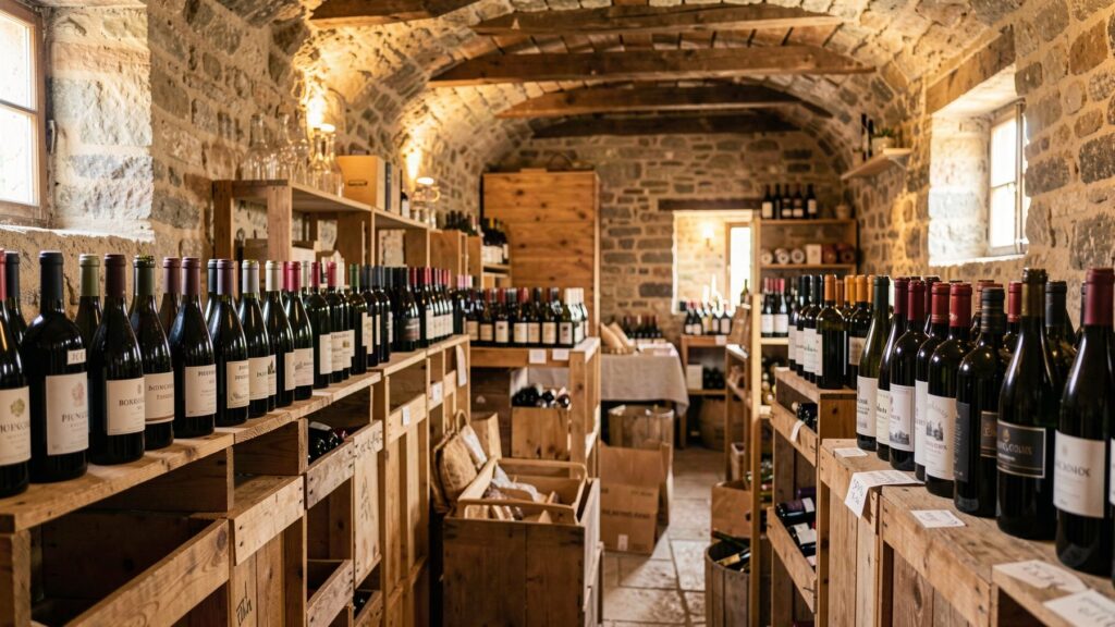 Cave bourguignonne et bouteilles de Pinot Noir pour illustrer le marché des vins de Bourgogne