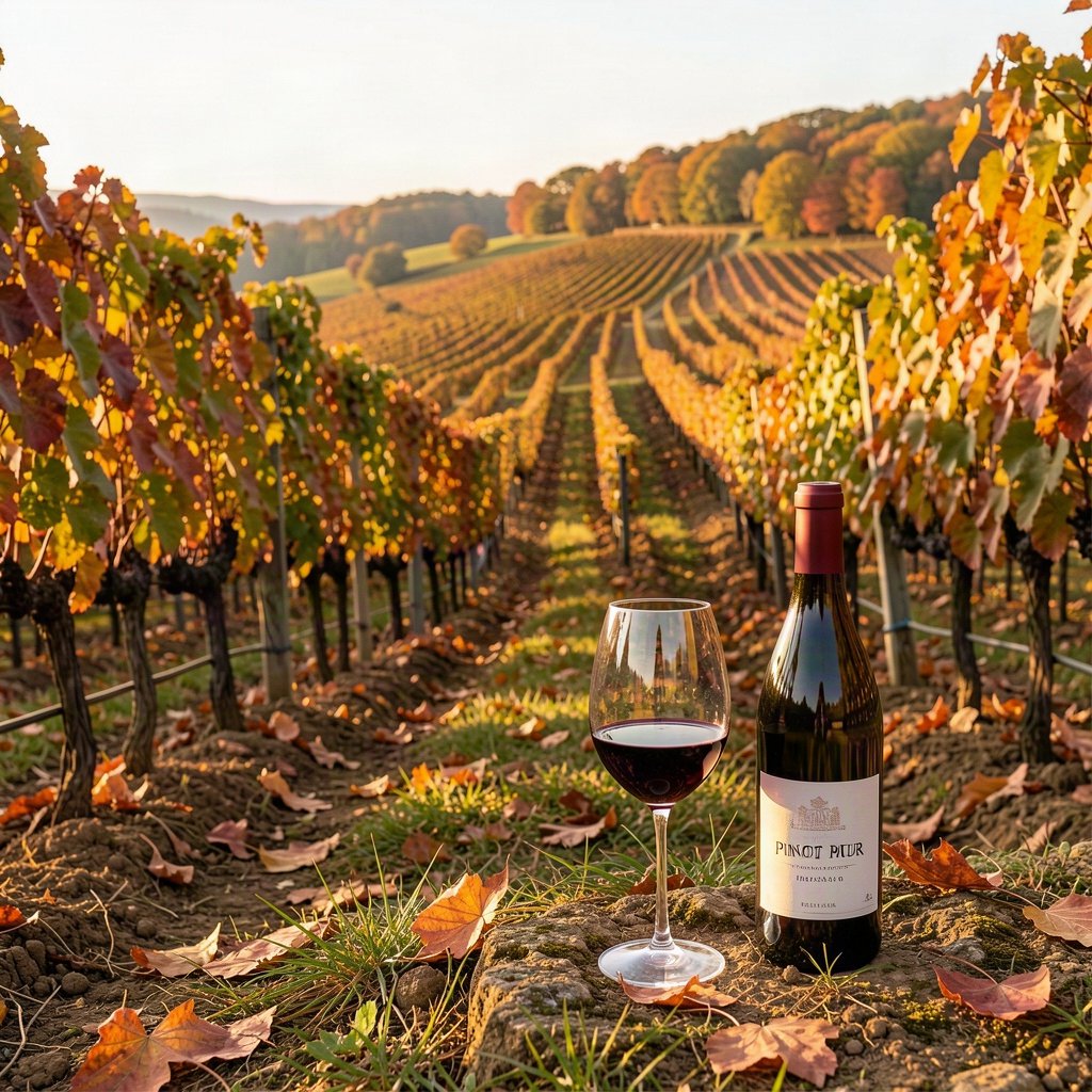 La flambée des prix en Bourgogne : jusqu'où ? 1 Vignoble de Bourgogne avec bouteille de Pinot Noir et verre de vin