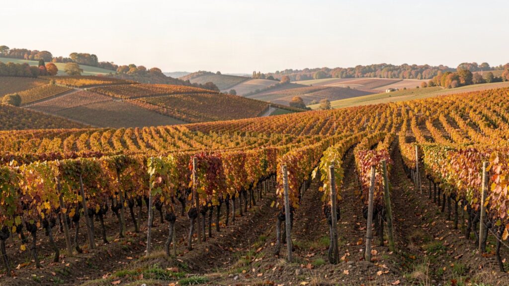 Vignoble vallonné en automne, illustration du terroir de Fronsac