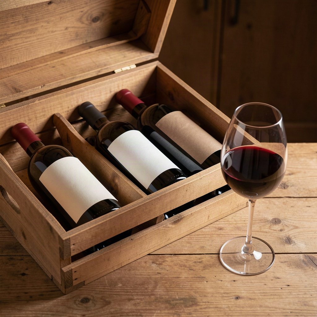 Fronsac : terroir, styles et cote de ses vins 1 Bouteilles de vin rouge dans une caisse en bois et verre de dégustation, illustration
