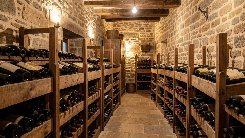 Bouteilles de vin rangées dans une cave familiale en pierre