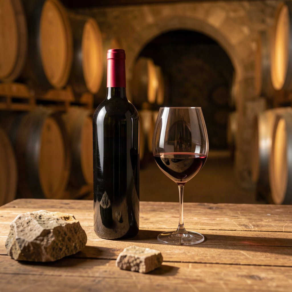 Bouteille et verre de vin des Graves dans une cave bordelaise