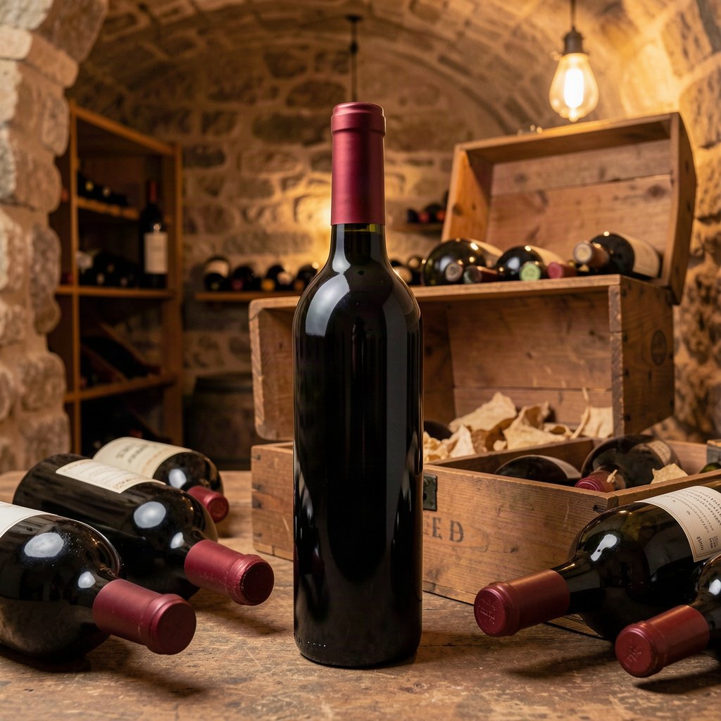 Haut-Médoc : terroir, styles et cote de ses vins 1 Bouteilles de vin rouge conservées dans une cave, illustration du Haut-Médoc