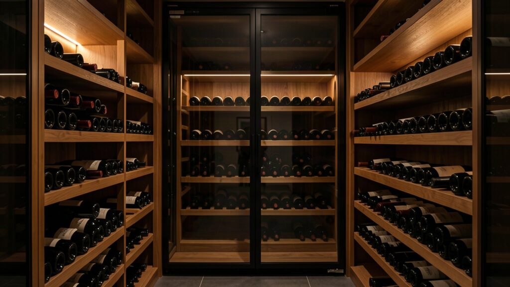 Cave à vin sombre avec bouteilles couchées sur des clayettes en bois