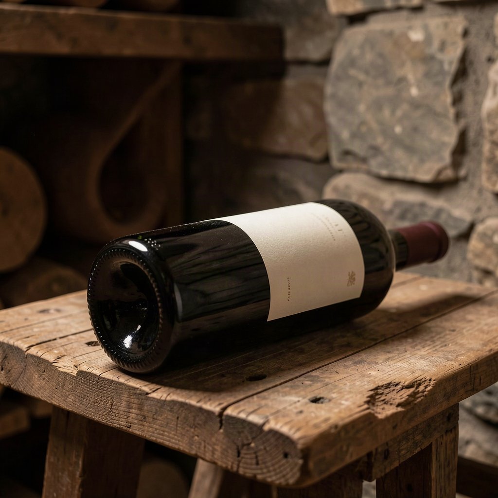 Humidité, température, lumière : le trio de la conservation 1 Bouteille de vin couchée sur une clayette en bois dans une cave sombre
