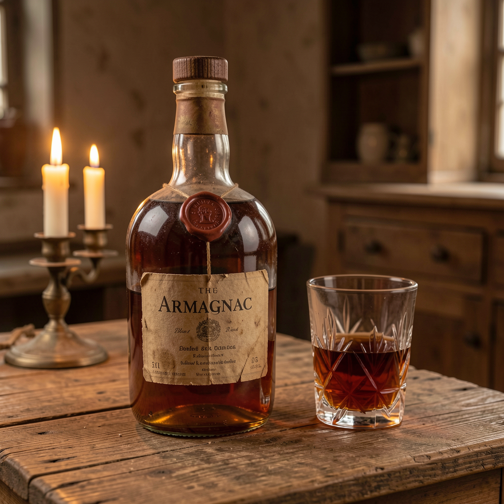 Vendre armagnac : carré 1 Bouteille d'armagnac millésimé sur une table rustique