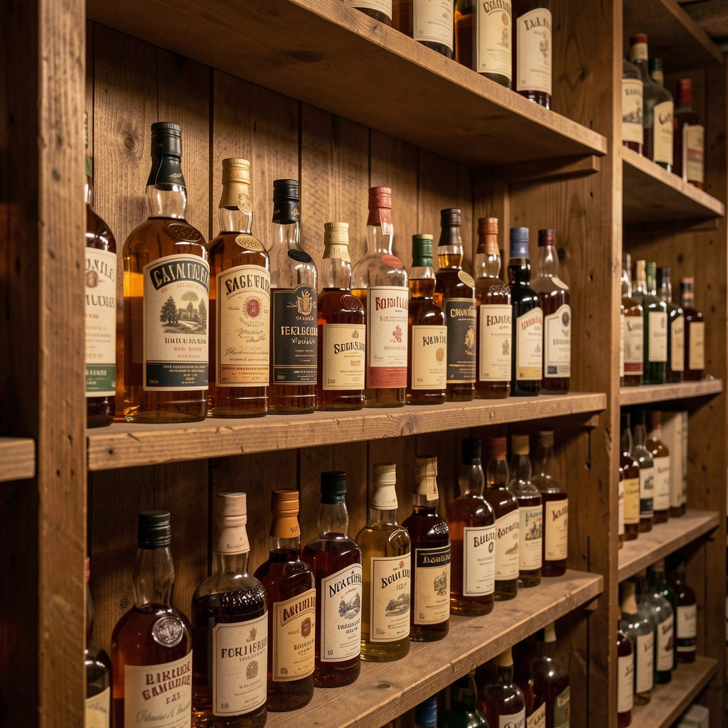 Vendre whisky : carré 2 Collection de bouteilles de whisky alignées sur des étagères en bois