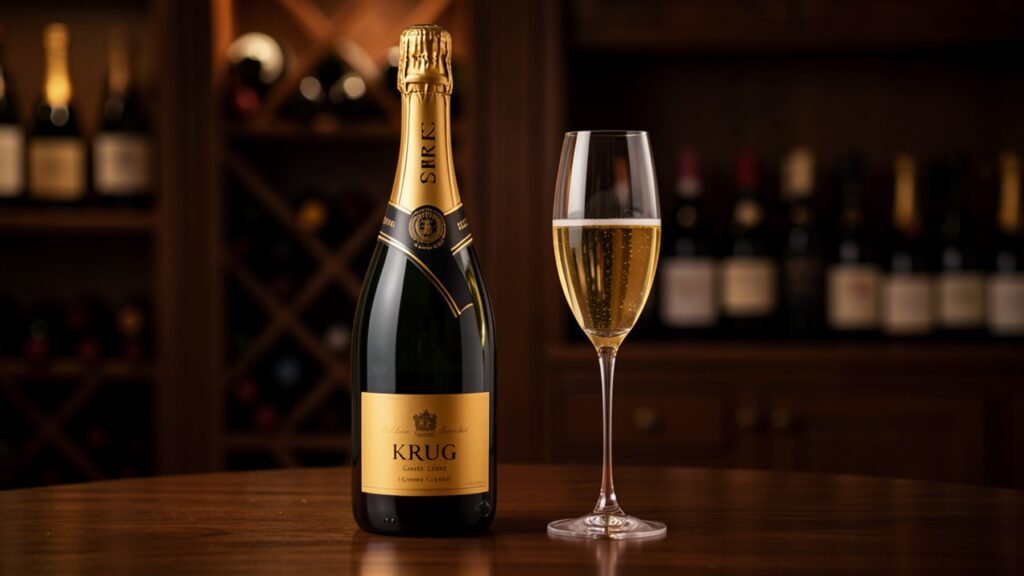 Champagne Krug Grande Cuvée, bouteille de prestige sur fond de cave à vin