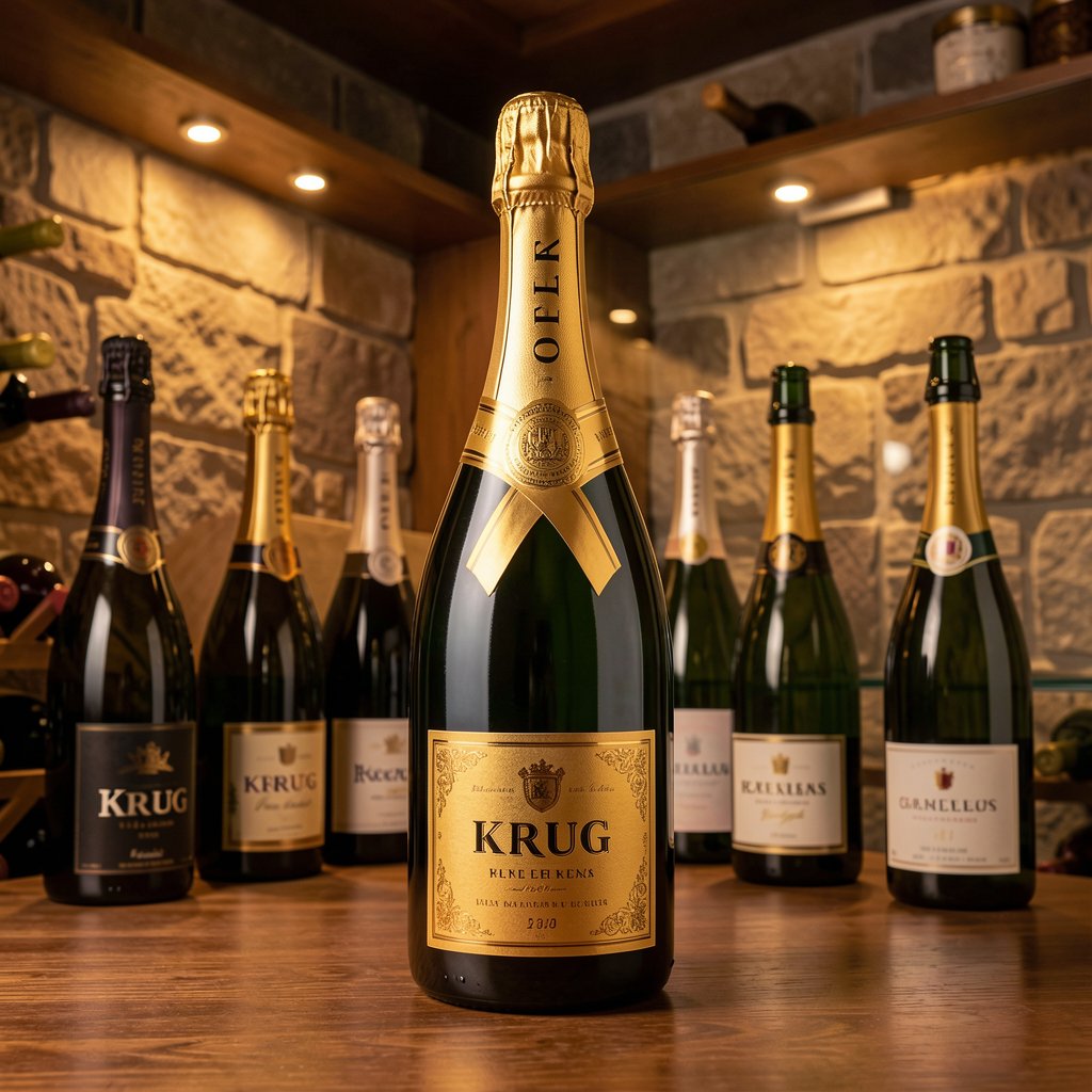 Bouteille de champagne Krug dans une cave à vin élégante