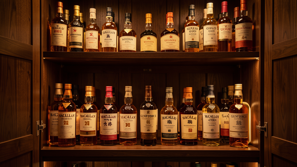 Collection de bouteilles de whisky rare dans une cave
