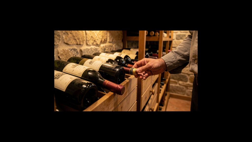 Particulier vérifiant des bouteilles de vin dans une cave avant une vente