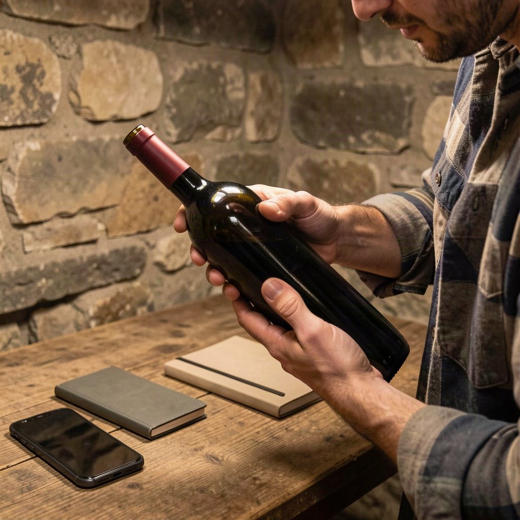 Les arnaques à éviter quand on vend son vin 1 Vendeur examinant une bouteille de vin sans étiquette dans une cave