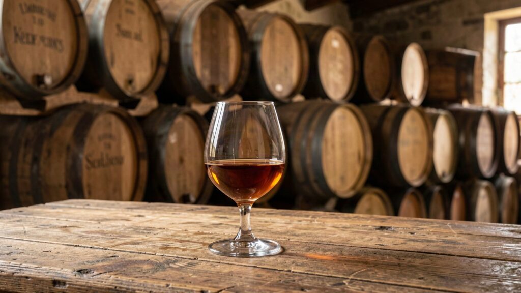 Verre de whisky ambré devant des fûts de chêne, illustration du vieillissement en chai