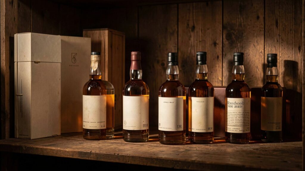 Bouteilles de whisky de collection dans une cave