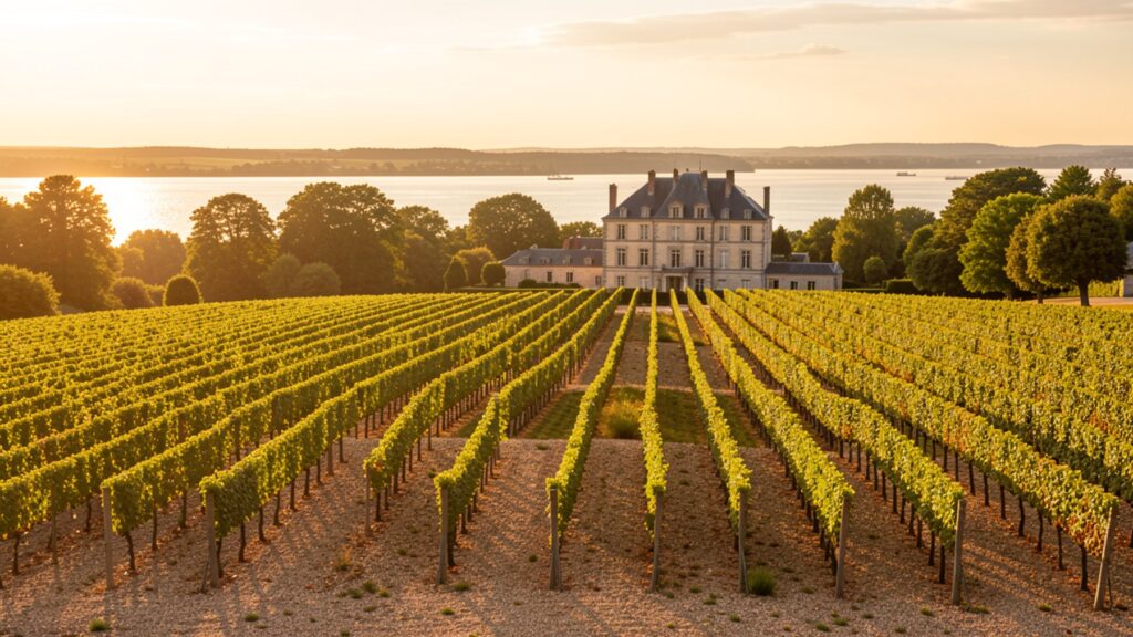 Vignoble de l'appellation Margaux dans le Médoc, rangées de vignes sur croupes de graves