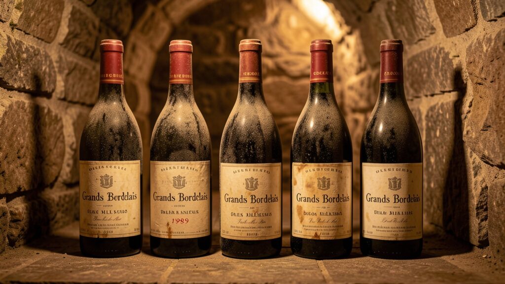 Bouteilles de grands crus bordelais du millésime 1989 dans une cave ancienne