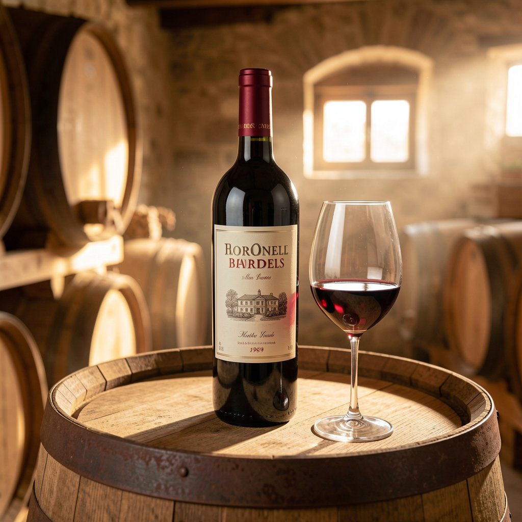 Millésime 1989 à Bordeaux : qualité et cote aujourd'hui 1 Bouteille de vin rouge millésimé 1989 posée sur un fût de chêne dans un chai bordelais