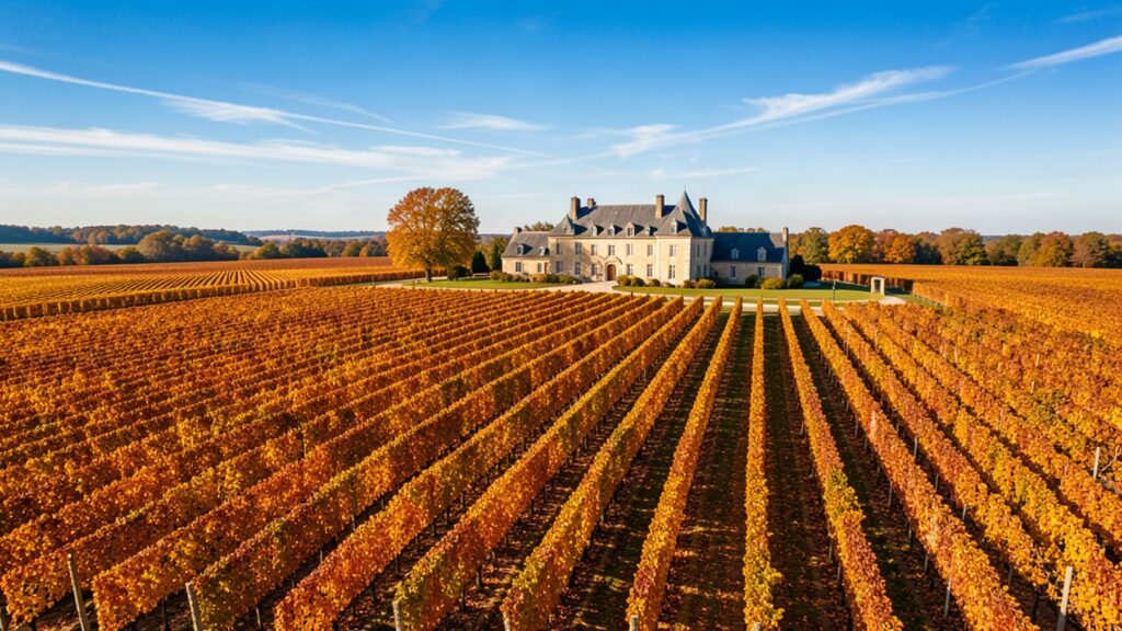 Vignoble bordelais en automne sous un soleil éclatant, millésime 1990 Bordeaux