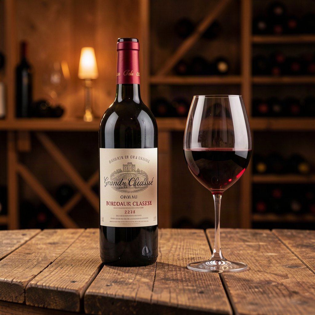 Verre de vin rouge ancien et bouteille de grand cru classé de Bordeaux, millésime 1990