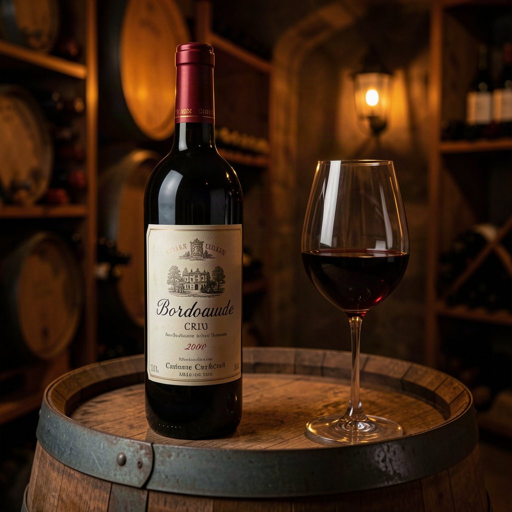 Bouteilles de grands crus classés de Bordeaux millésime 2000 dans une cave à vin