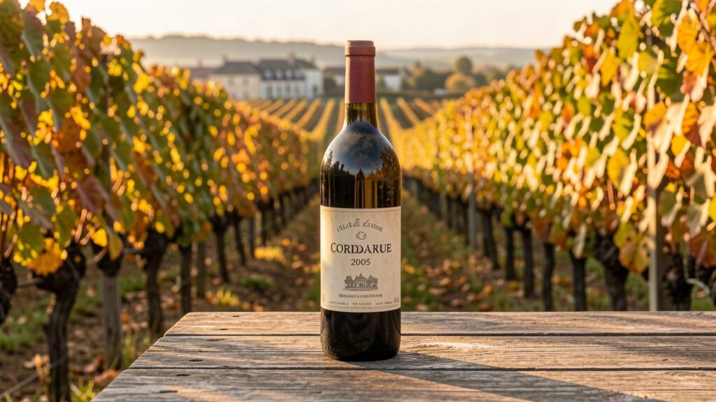 Vignoble bordelais et bouteille de Bordeaux millésime 2005 au premier plan