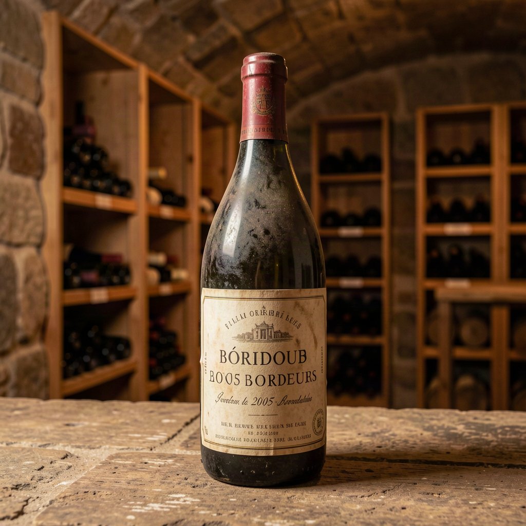 Bouteille de Bordeaux millésime 2005 conservée dans une cave
