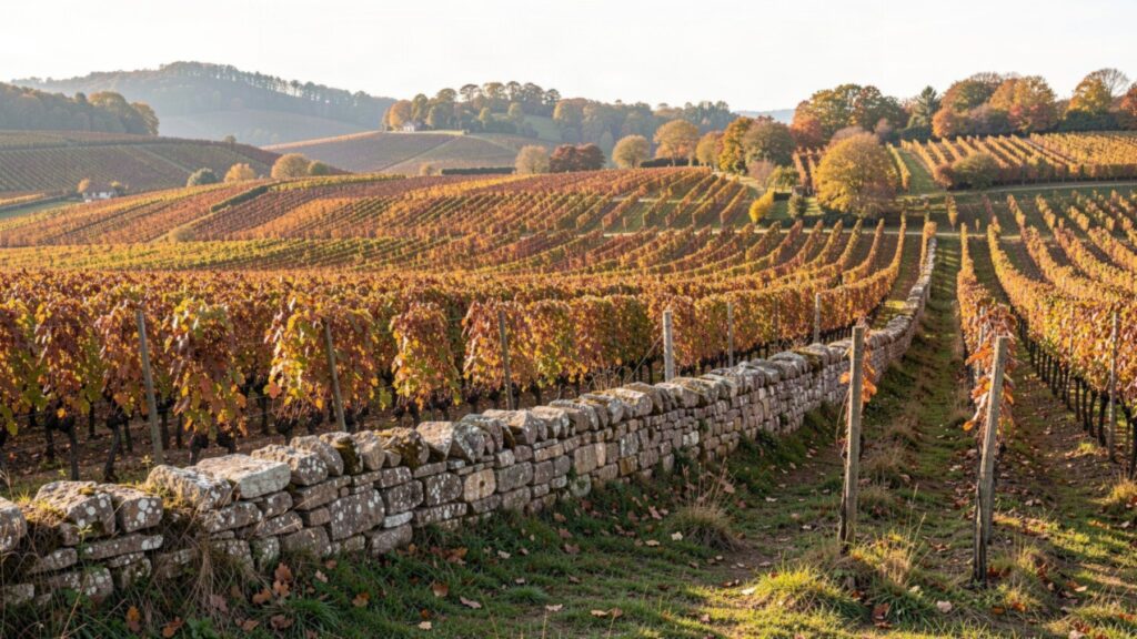 Vignes aux couleurs d'automne et muret de pierre, illustration du vignoble bourguignon