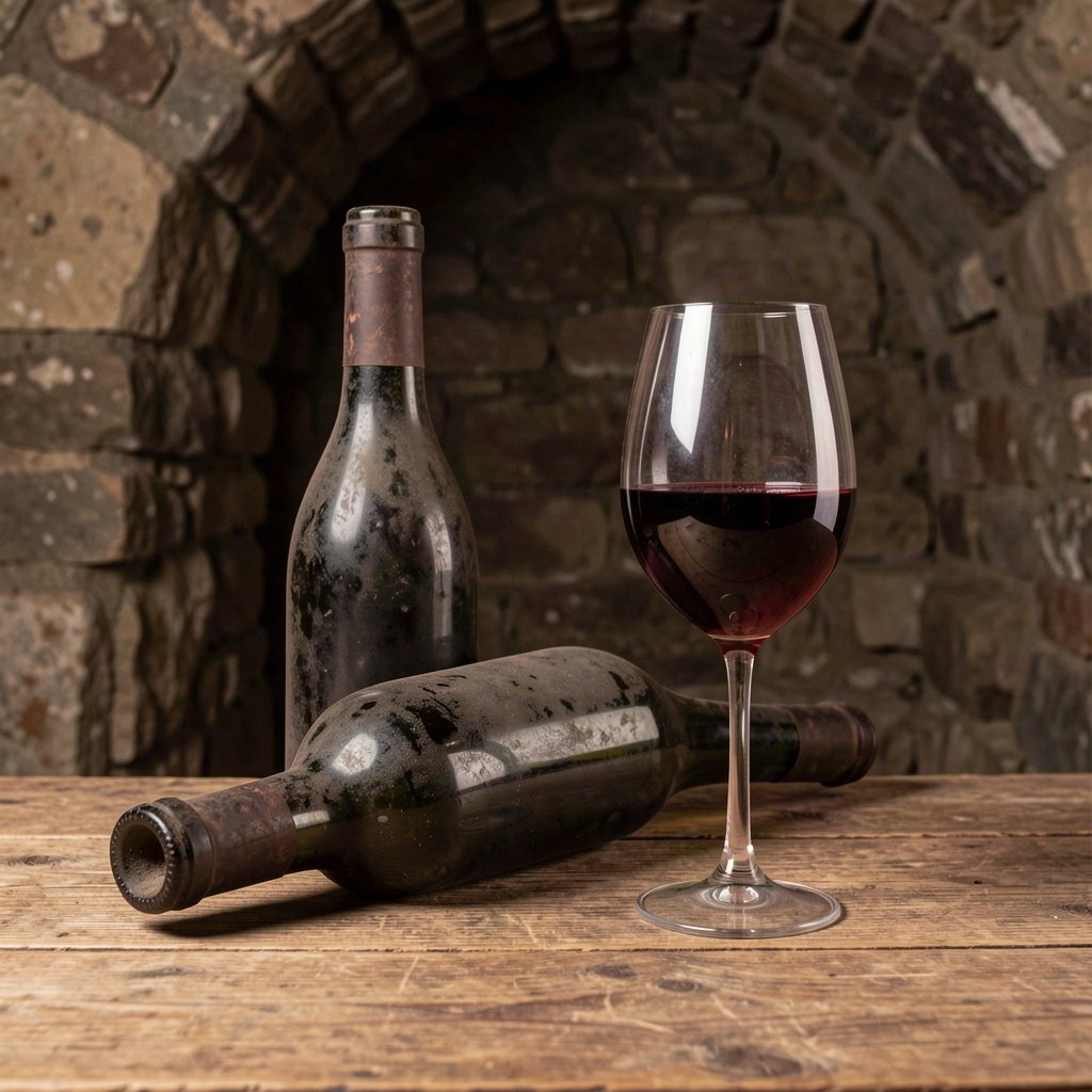 Millésime 2005 en Bourgogne : ce qu'il vaut aujourd'hui 1 Bouteilles anciennes et verre de vin rouge dans une cave en pierre
