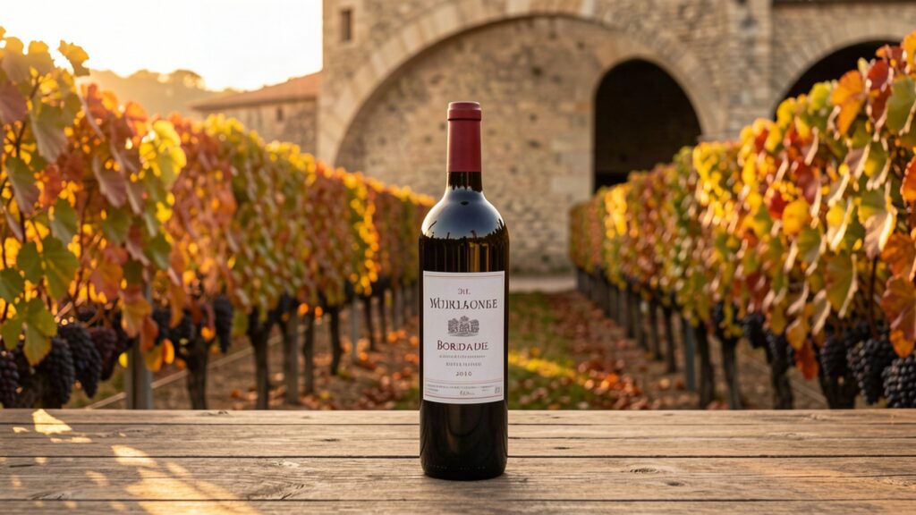 Bannière du millésime 2010 à Bordeaux avec vignoble et bouteille de vin