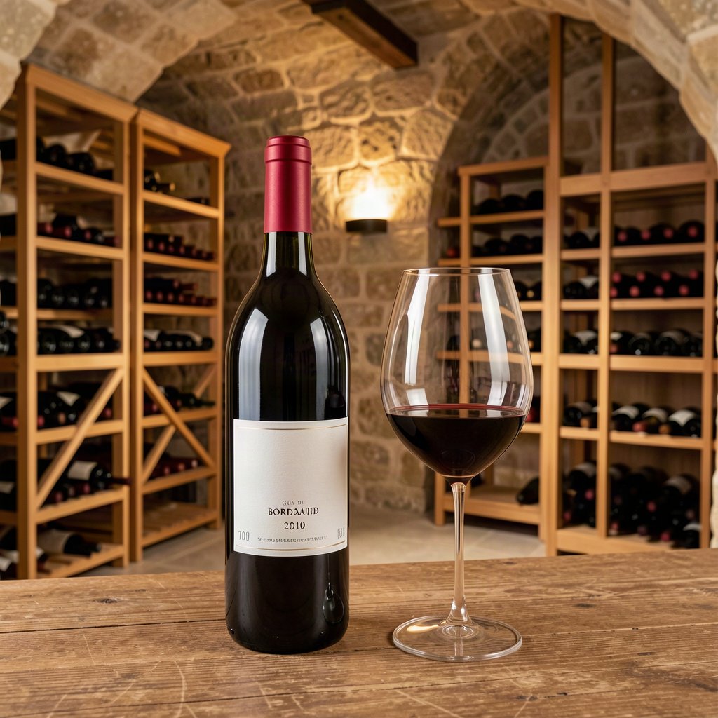 Bouteille de Bordeaux millésime 2010 et verre de dégustation dans une cave