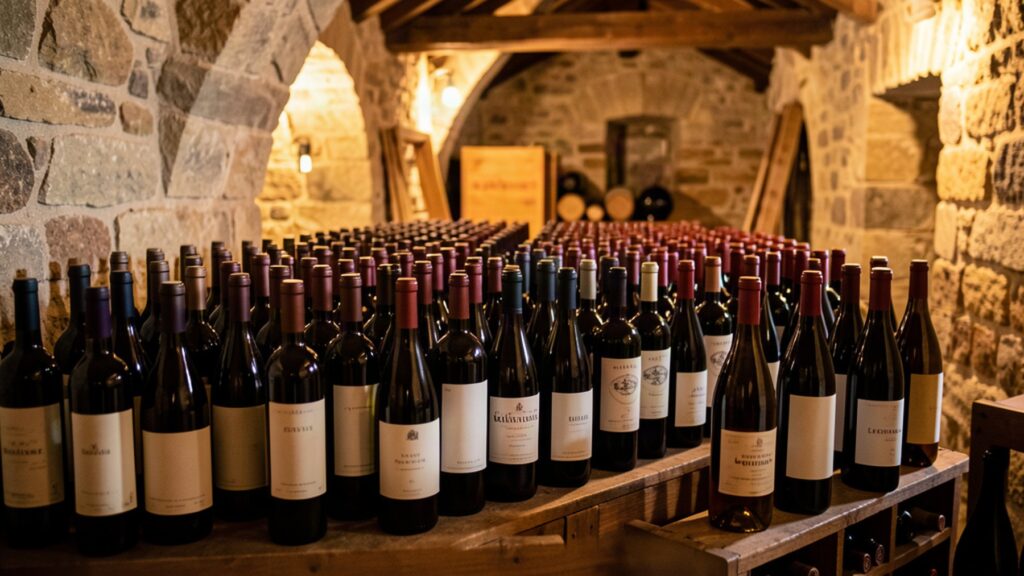 Bouteilles de Bordeaux du millésime 2015 dans une cave traditionnelle
