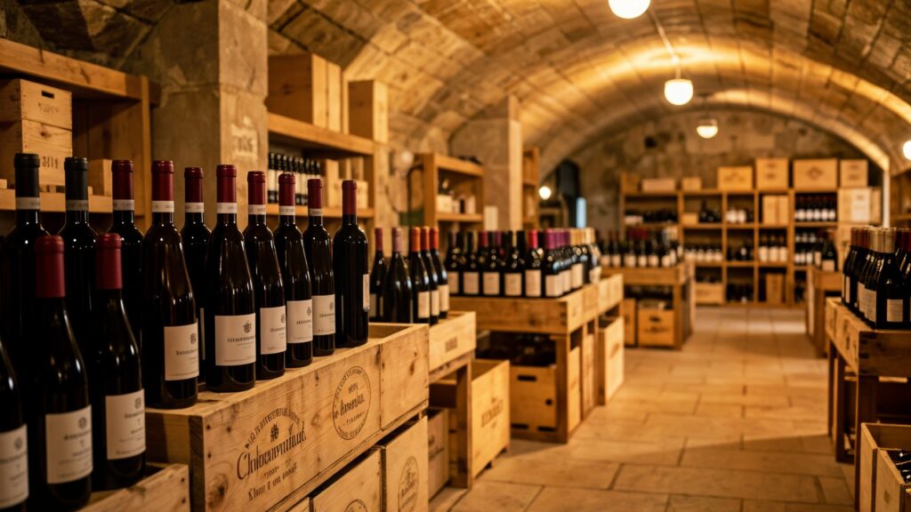 Cave de collection avec bouteilles de Bordeaux du millésime 2016