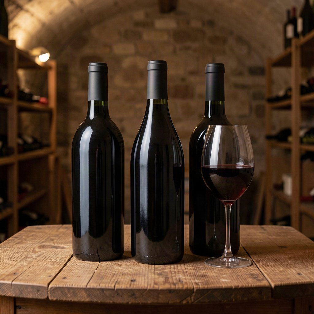Millésime 2019 à Bordeaux : qualité et cote aujourd'hui 1 Bouteilles de forme bordelaise et verre de vin rouge dans une cave