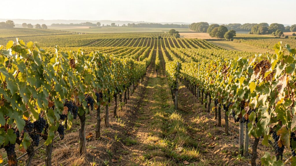 Rangs de vignes dans un paysage viticole, illustration du millésime 2019 à Bordeaux