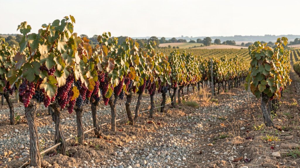 Vignes et grappes rouges dans un paysage bordelais