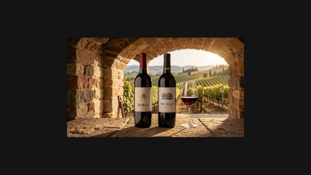 Bouteilles de vin rouge italien et verres dans une cave