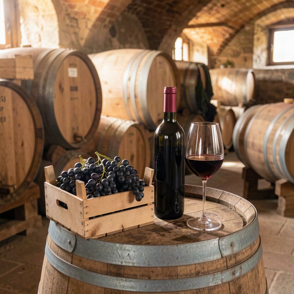 Raisins noirs, bouteille et verre de vin dans une cave italienne