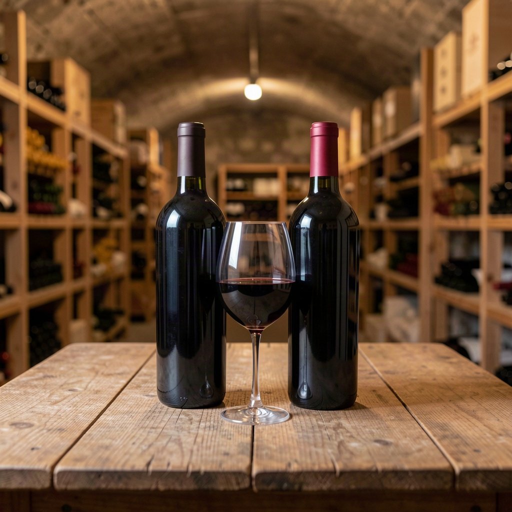 Moulis : terroir, styles et cote de ses vins 1 Deux bouteilles bordelaises et un verre de vin rouge dans une cave
