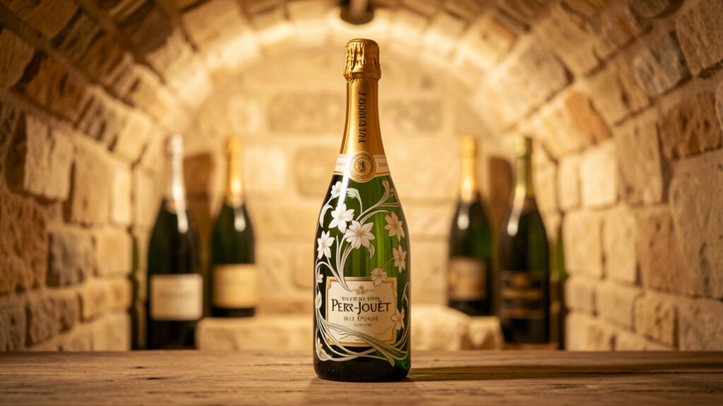 Bouteille de champagne de prestige inspirée de Perrier-Jouët Belle Époque dans une cave