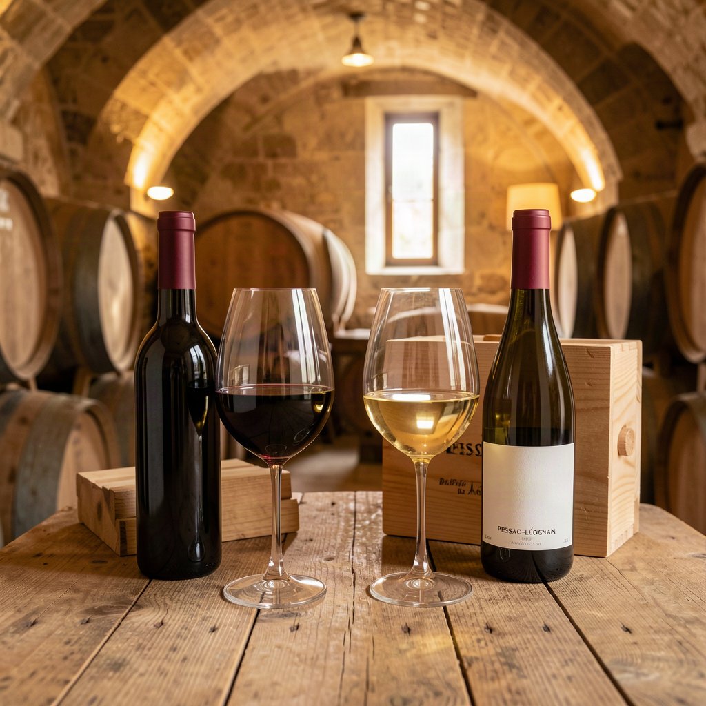 Dégustation de vins rouge et blanc de Pessac-Léognan dans une cave
