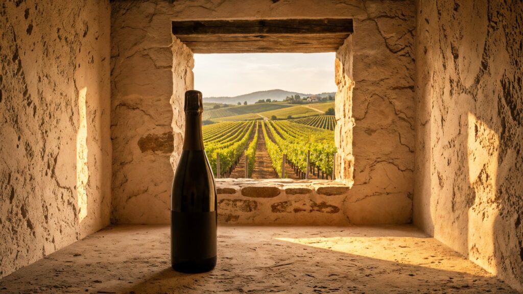 Bouteille de Champagne dans une cave traditionnelle, illustration de Philipponnat Clos des Goisses