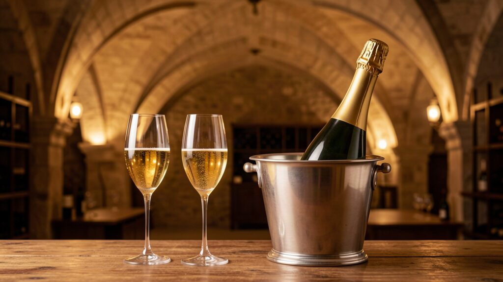 Champagne de prestige et flûtes dans une cave voûtée